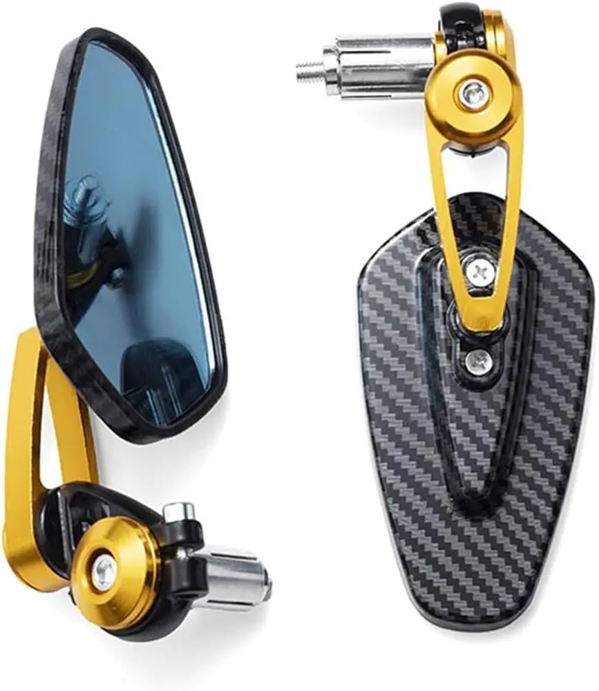 Universal CNC Aluminum Motorcycle Side Mirrors – Carbon Fiber Pattern – Gold Accent (1 Pair)