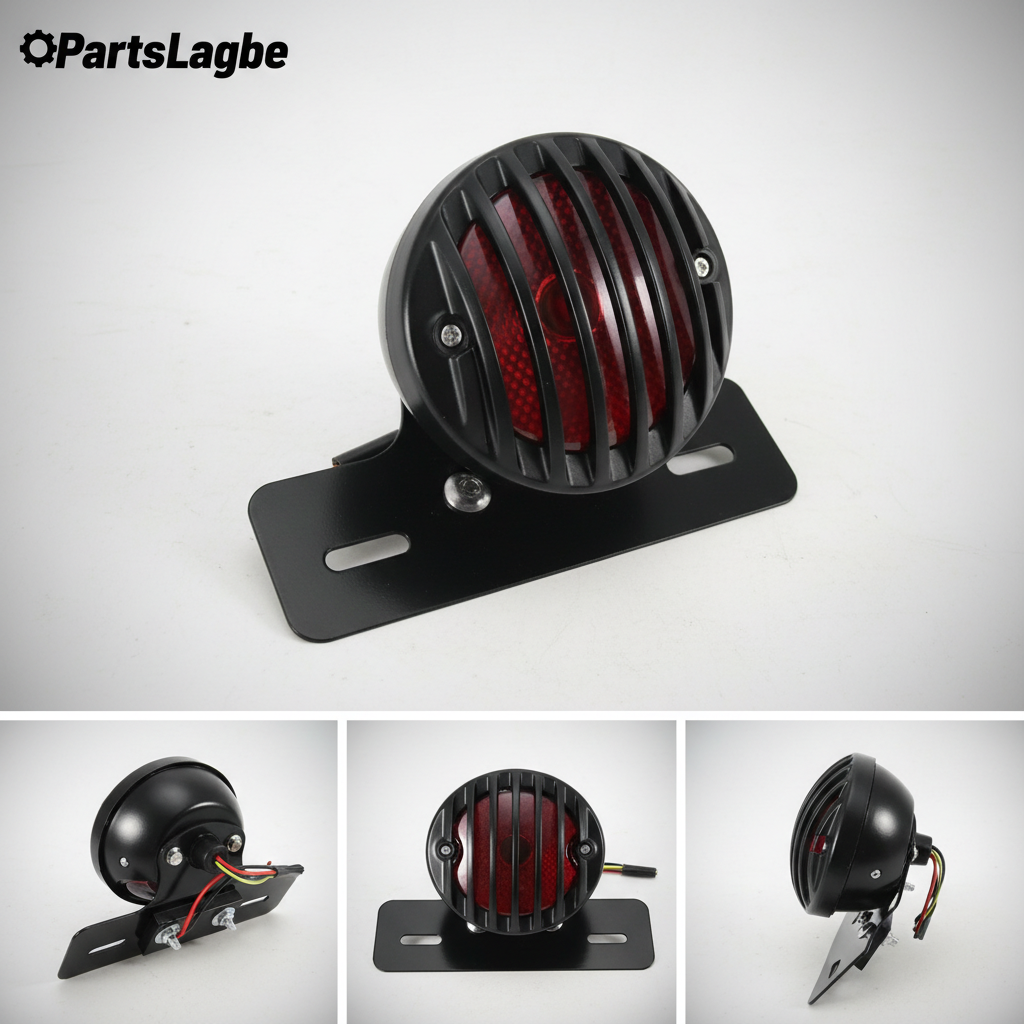 Vintage Retro LED Motorcycle Tail Light with Grill Guard & License Plate Bracket – 12V Universal